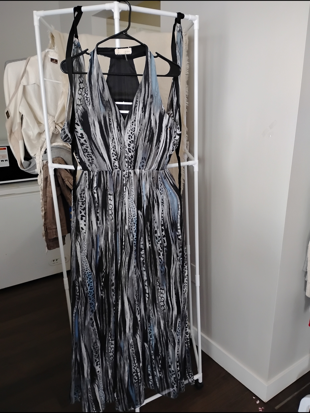 A'Reve Sleeveless V-Neck Maxi Dress in Black, Gray & Blue